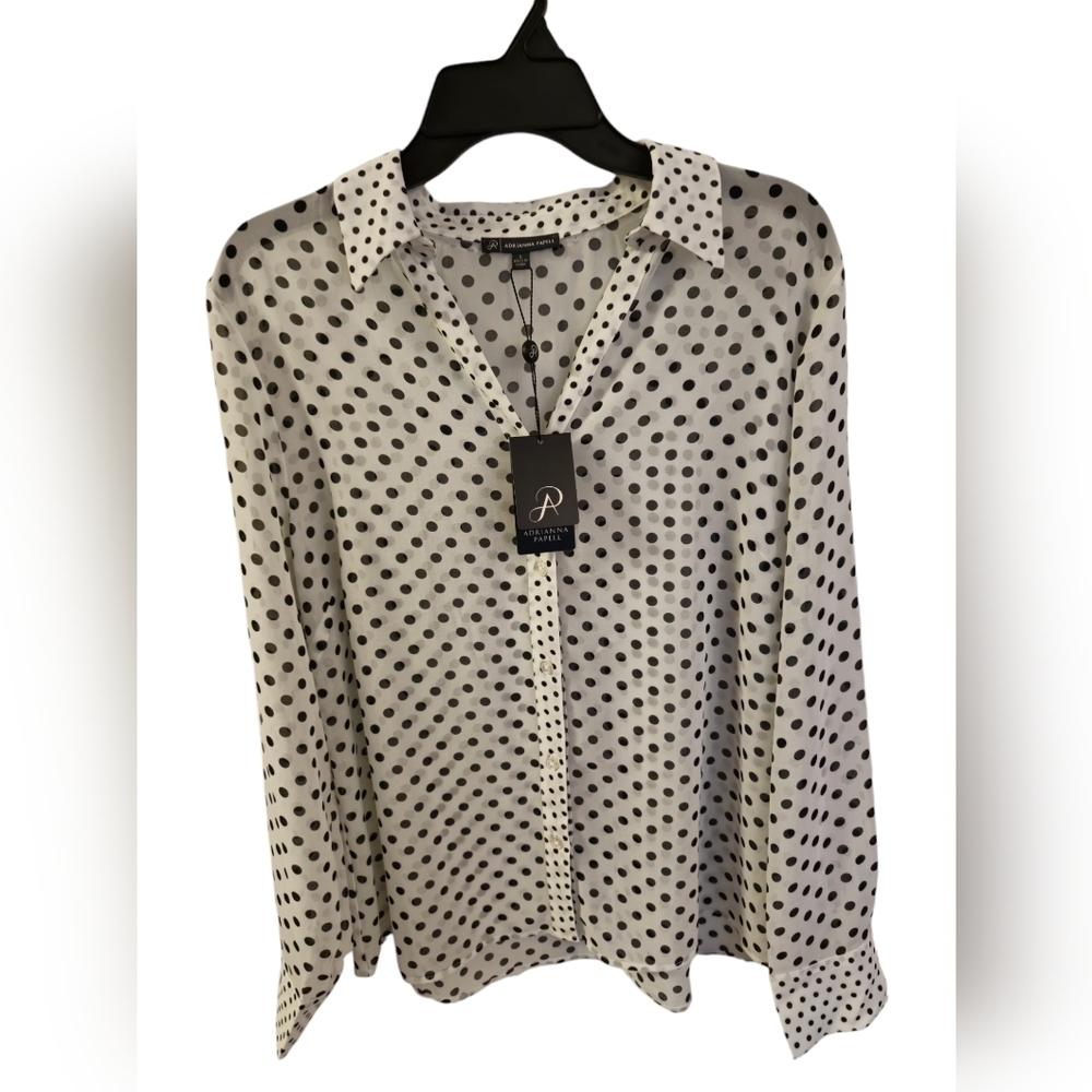 NWT Adrianna Papell Sheer Polka Dot Chiffon V Blouse Black White Size Large